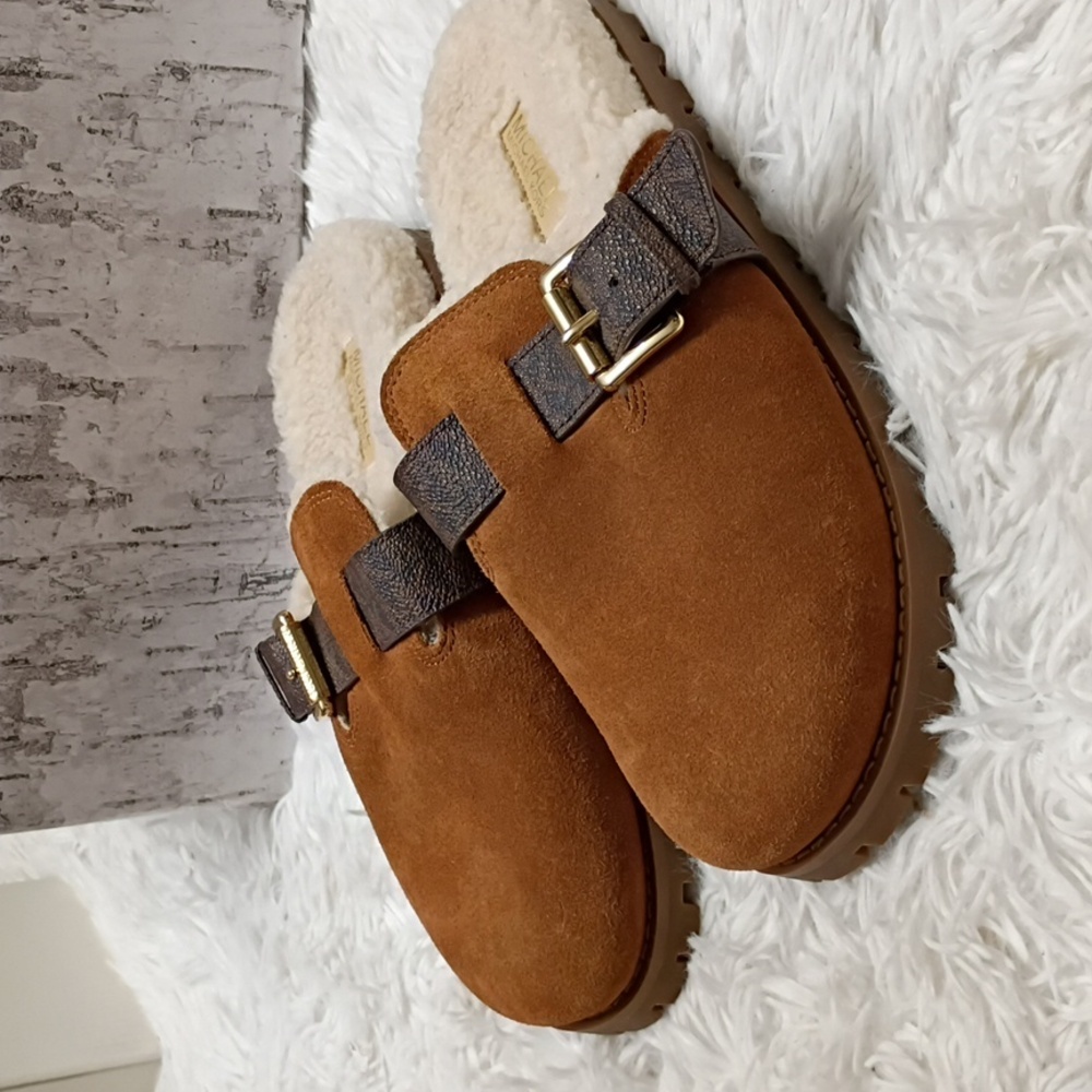 New Michael Kors Judd Brown Suede Mules Shearling Lined Lug Soles Size 7 - Picture 11 of 15